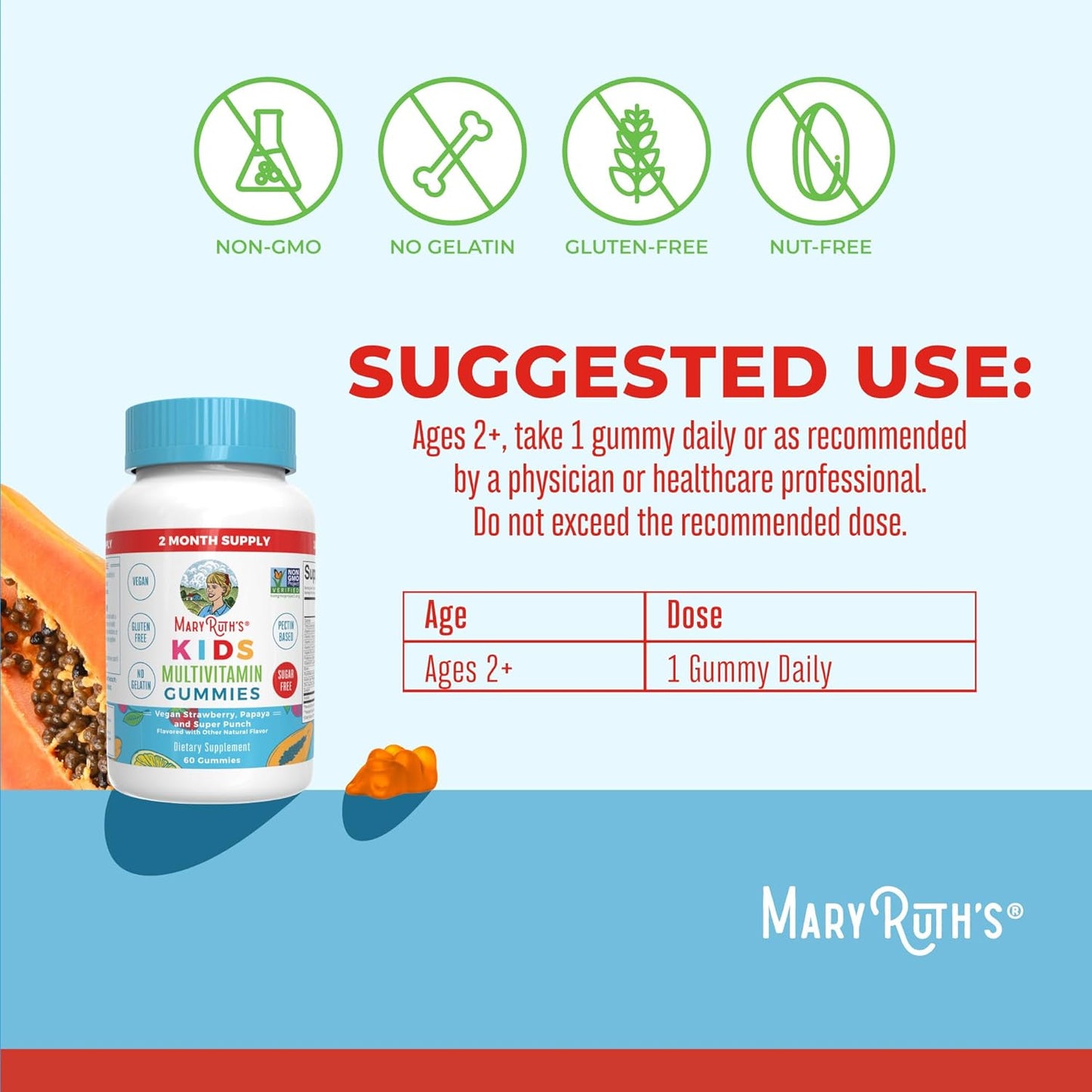 MaryRuth Organics Kids Vitamins | Multi | Sugar Free | 2 Month Supply | Kids Multivitamin Gummies for Ages 2+ | Vegan | Only 1 Gummy a Day | 60 Count
