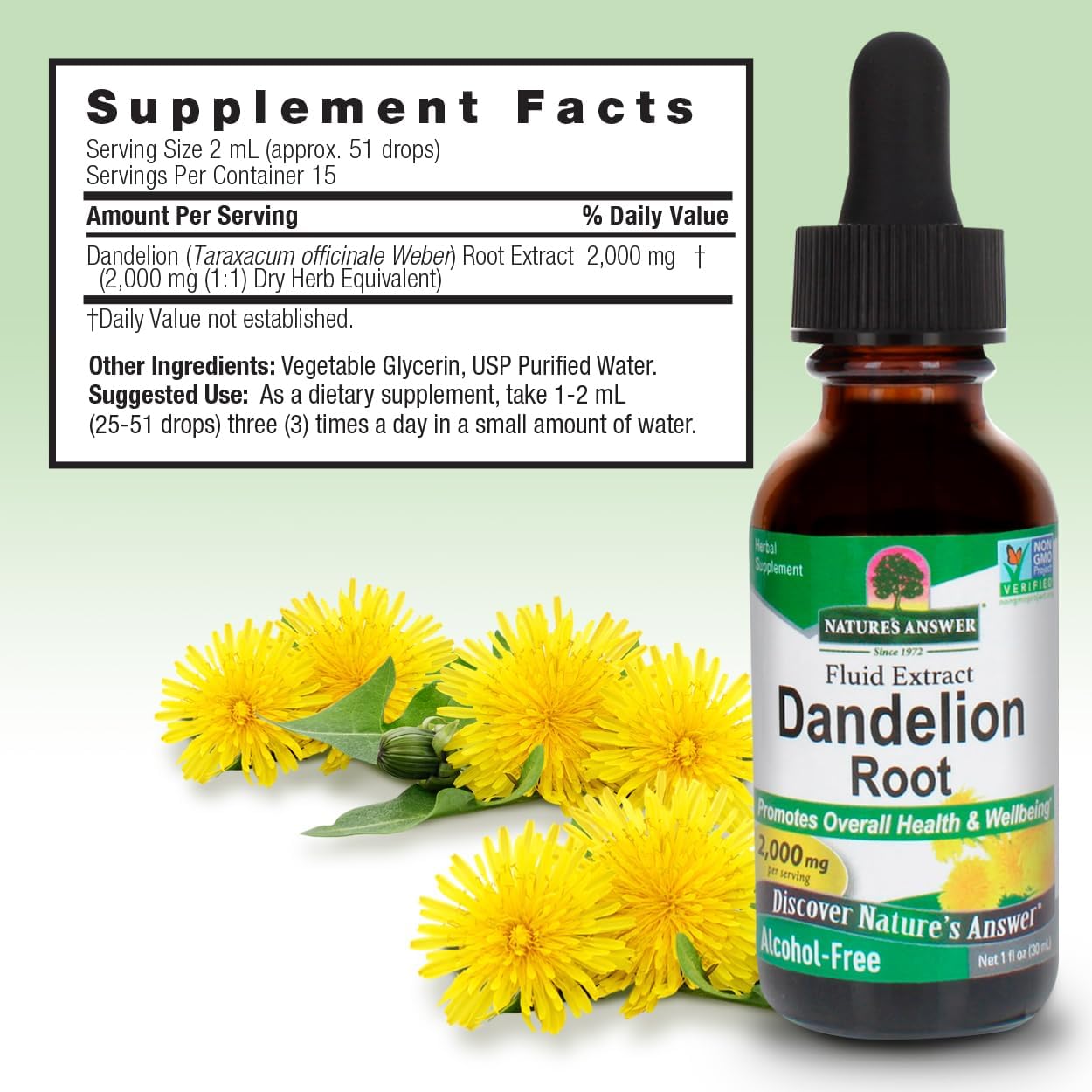 Nature's Answer Alcohol Free Dandelion Root 2000mg 1oz Extract | Promotes Overall Well-Being | Immune Support | Cleanses and Detoxes | Gluten-Free, Non-GMO, Vegan | Single Count