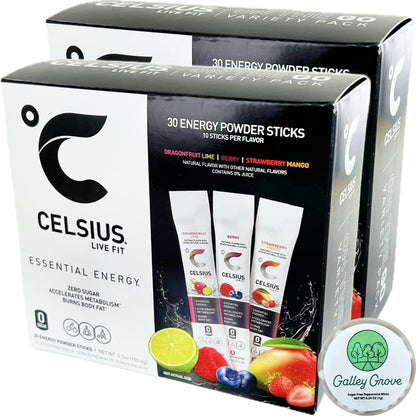 Celsius Essential Energy Zero Sugar Powdered Drink Mix, Variety Pack, 60 Packets - (2) 30-ct Boxes, Dragonfruit Lime, Berry, Strawberry Mango, with Galley Grove Sugar-Free Breath Mints