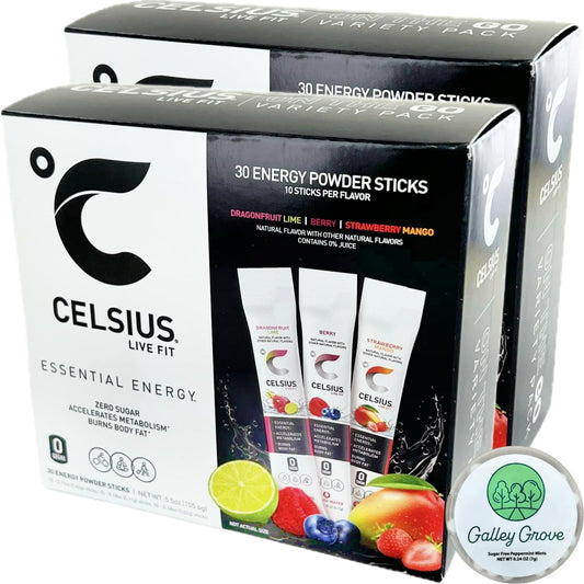 Celsius Essential Energy Zero Sugar Powdered Drink Mix, Variety Pack, 60 Packets - (2) 30-ct Boxes, Dragonfruit Lime, Berry, Strawberry Mango, with Galley Grove Sugar-Free Breath Mints