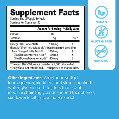 Doctor's Best Vegan Omega-3 EPA + DHA, Supports Eye, Brain, and Heart Health, Non-GMO, Gluten Free, Vegan, 60 Veggie Softgels