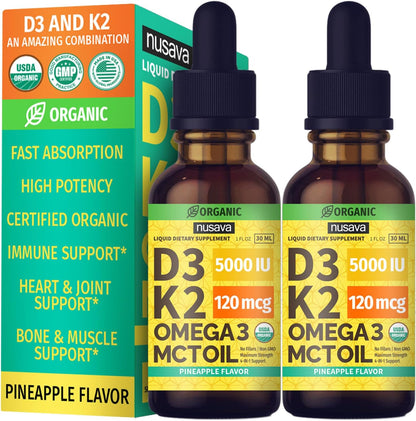 (1 Pack) Organic Vitamin D3 K2 Drops w MCT Oil Omega 3, 5000 IU, Vitamin D Liquid 5000 IU, No Fillers, Non-GMO Liquid D3 for Body’s Defenses & Faster Absorption, Unflavored, 2 Fl Oz Liquid Vitamin D3