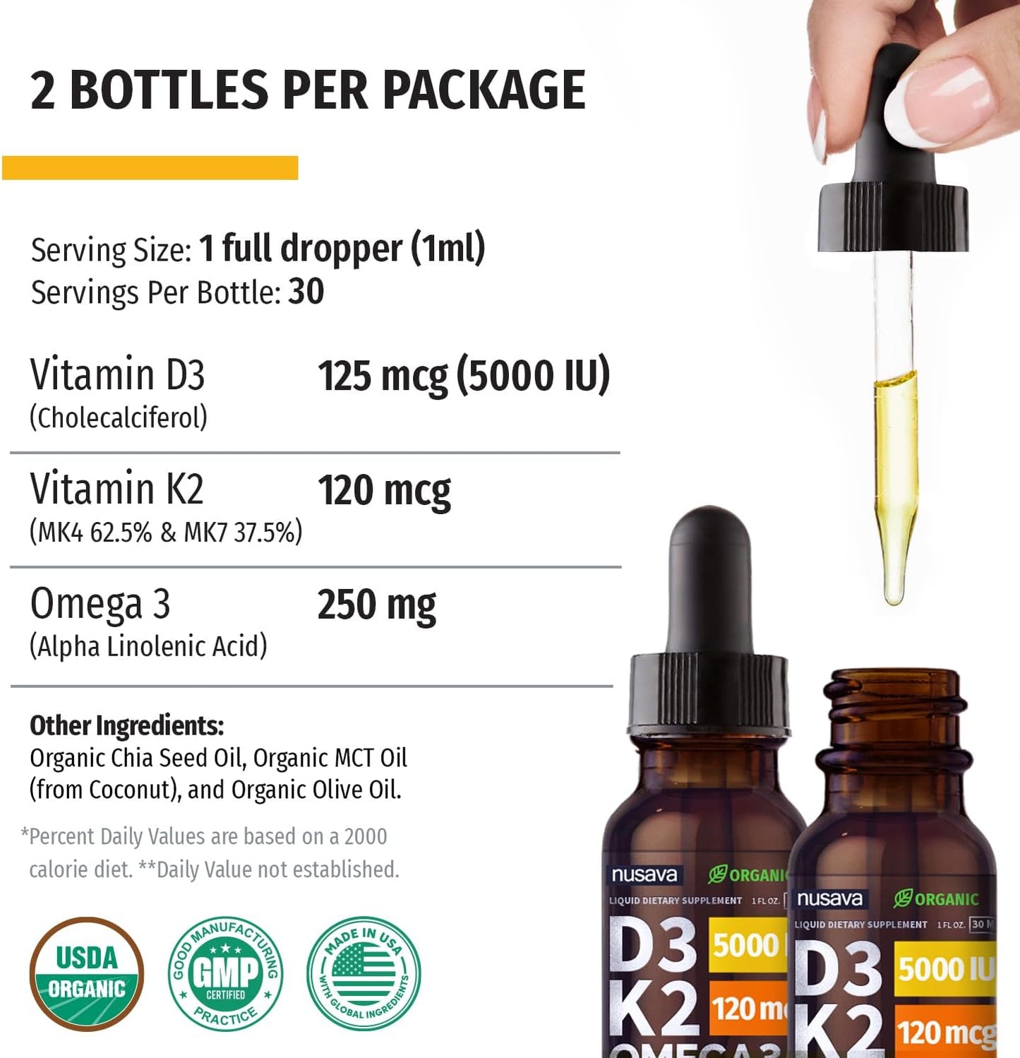 (1 Pack) Organic Vitamin D3 K2 Drops w MCT Oil Omega 3, 5000 IU, Vitamin D Liquid 5000 IU, No Fillers, Non-GMO Liquid D3 for Body’s Defenses & Faster Absorption, Unflavored, 2 Fl Oz Liquid Vitamin D3