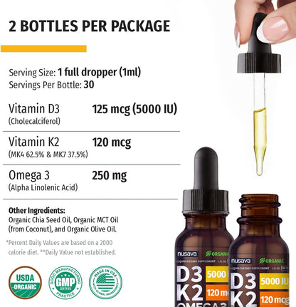 (1 Pack) Organic Vitamin D3 K2 Drops w MCT Oil Omega 3, 5000 IU, Vitamin D Liquid 5000 IU, No Fillers, Non-GMO Liquid D3 for Body’s Defenses & Faster Absorption, Unflavored, 2 Fl Oz Liquid Vitamin D3