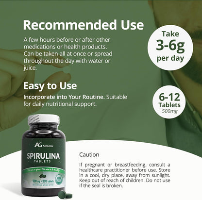 Spirulina Tablets, Nutrient-Rich Supplement for Energy and Immune Health, Non-GMO and Gluten-Free, Meets Health Canada Standards, 500mg, 300 Tablets