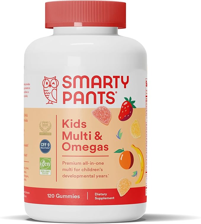 SmartyPants Kids Multivitamin Gummies: Omega 3 Fish Oil (EPA/DHA), Vitamin D3, C, Vitamin B12, B6, A, K & Zinc for Immune Support, Biotin, Gluten Free, Three Fruit Flavors, 120 Count (30 Day Supply)