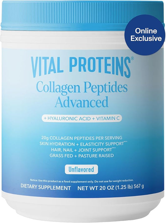 Vital Proteins Collagen Peptides Powder Advanced with Hyaluronic Acid & Vitamin C - 20oz Collagen Protein, Unflavored, 27 Servings