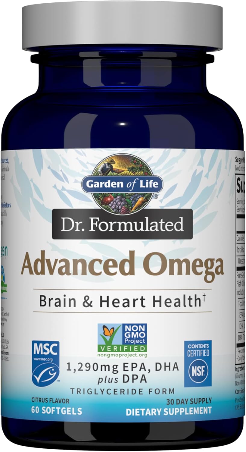 Garden of Life Dr. Formulated Advanced Omega Fish Oil - Lemon, 1,290mg EPA, DHA + DPA in Triglyceride Form, Single Source Omega 3 Supplement for Ultimate Brain & Heart Health, Non-GMO, 180 Softgels