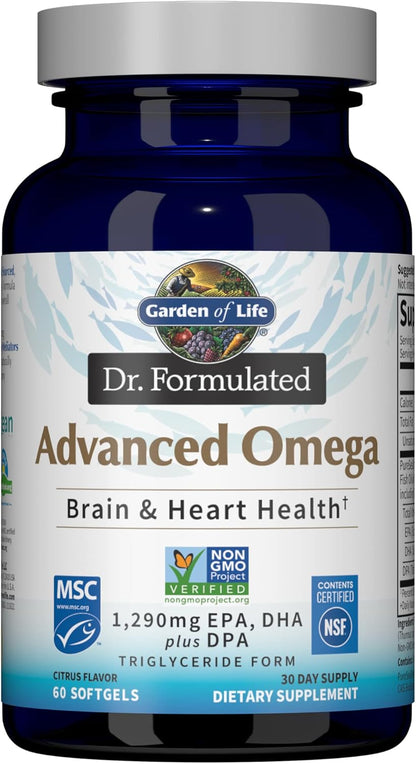 Garden of Life Dr. Formulated Advanced Omega Fish Oil - Lemon, 1,290mg EPA, DHA + DPA in Triglyceride Form, Single Source Omega 3 Supplement for Ultimate Brain & Heart Health, Non-GMO, 180 Softgels