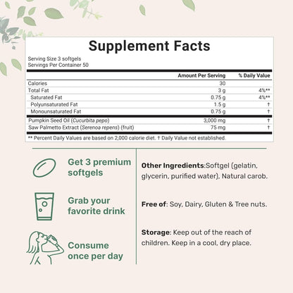 Pumpkin Seed Oil with Saw Palmetto, 3000mg Per Serving, 300 Softgels | Cold Pressed, Pure Virgin Oil, Essential Fatty Acids & Phytosterols | Supports Hair, Urinary, Bladder & Prostate Health | Non-GMO