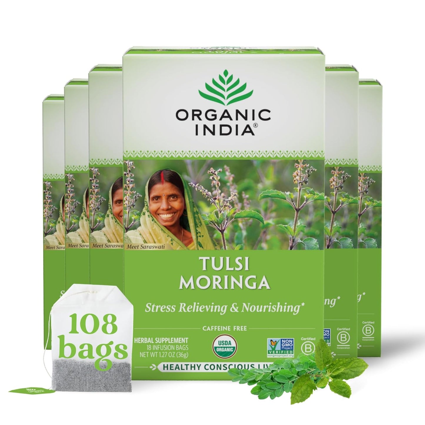 ORGANIC INDIA Tulsi Moringa Tea Bags - Holy Basil, Lemongrass, Moringa Leaves, Stress Relieving & Nourishing, Immune Support Tea, Vegan, Certified Organic, Caffeine-Free - 18 Infusion Bags, 6 Pack