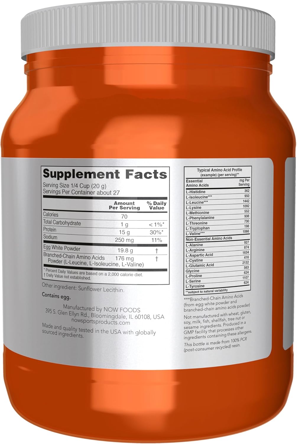 NOW Foods Sports Nutrition, Egg White Protein, 16 g With BCAAs, Unflavored Powder, 1.2-Pound