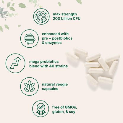 Micro Ingredients Mega Probiotics 200 Billion CFU, 120 Veggie Capsules | 40 Strains with Prebiotics & Probiotics Blend | Synbiotic & Enzyme Complex | Supports Gut & Digestive Health