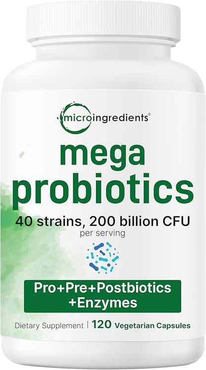 Micro Ingredients Mega Probiotics 200 Billion CFU, 120 Veggie Capsules | 40 Strains with Prebiotics & Probiotics Blend | Synbiotic & Enzyme Complex | Supports Gut & Digestive Health