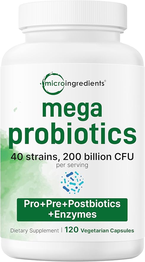 Micro Ingredients Mega Probiotics 200 Billion CFU, 120 Veggie Capsules | 40 Strains with Prebiotics & Probiotics Blend | Synbiotic & Enzyme Complex | Supports Gut & Digestive Health