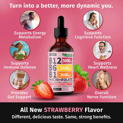 Vitamin B12 and B6 Liquid Drops, B12 Sublingual Vitamin B Complex - B 12 Vitamin 5000mcg - B12 Methylcobalamin for Energy, Brain, and Heart Support with 27,200 mcg, Raspberry, 40 Servings