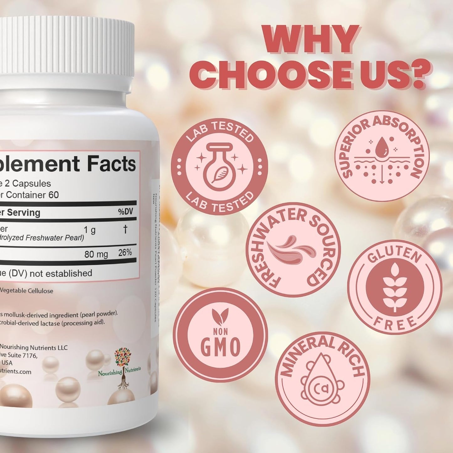 Pearl Powder Supplement for Skin Health - Anti-Aging, Antioxidant & Collagen Production - Healthy Eyes, Hair & Nails, Supports Immunity, Mood and Sleep - With Calcium & Amino Acids 120 capsules 1000mg