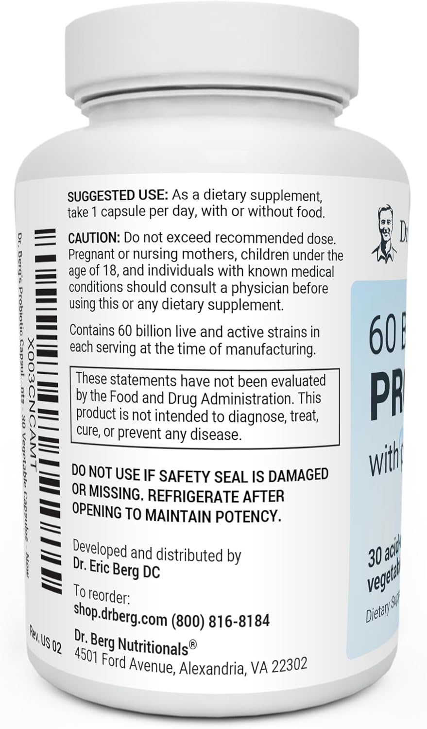 Dr. Berg 60 Billion Probiotic Supplement - Supports Occasional Constipation, Diarrhea, Gas & Bloating* - Pre and Probiotics for Digestive Health - 30 Probiotic Capsules