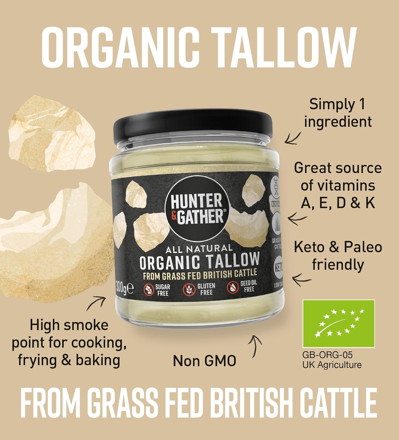 Hunter & Gather Organic Beef Tallow from Grass Fed British Cows 300g | Gluten Free, Seed Oil Free | Keto, Low Carb, Paleo I Ancestrally Inspired Nutrition I Simply 1 Ingredient I Glass Jar