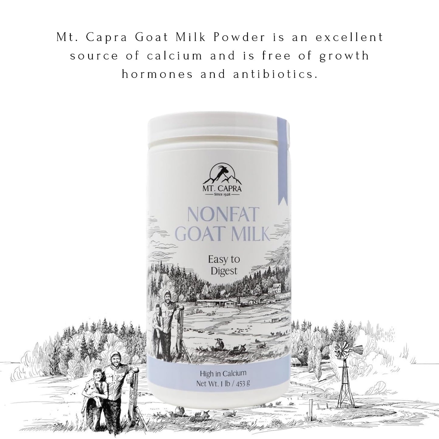 Mt. Capra Non-Fat Goat Milk | Powder from Non-GMO, Grass-Fed Goats, Creamy, Great Tasting, Easy to Digest, A2 Milk | 16 Servings - 1 Pound
