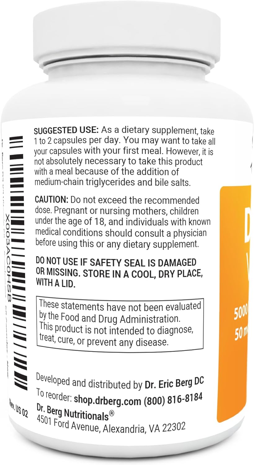 Dr. Berg D3 K2 Vitamin 5000 IU w/MCT Powder - Includes 50 mcg MK7 Vitamin K2, Purified Bile Salts, Zinc & Magnesium for Ultimate Absorption - K2 D3 Vitamin Supplement - 60 Capsules