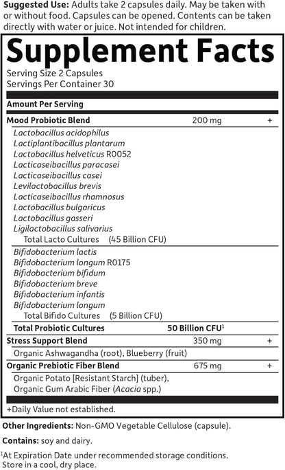 Garden of Life Probiotics Mood+ Dr Formulated Acidophilus Probiotic Supplement - Promotes Emotional Well-Being, Relaxation and Digestive Balance - Ashwagandha for Stress Management, 60 Veggie Caps