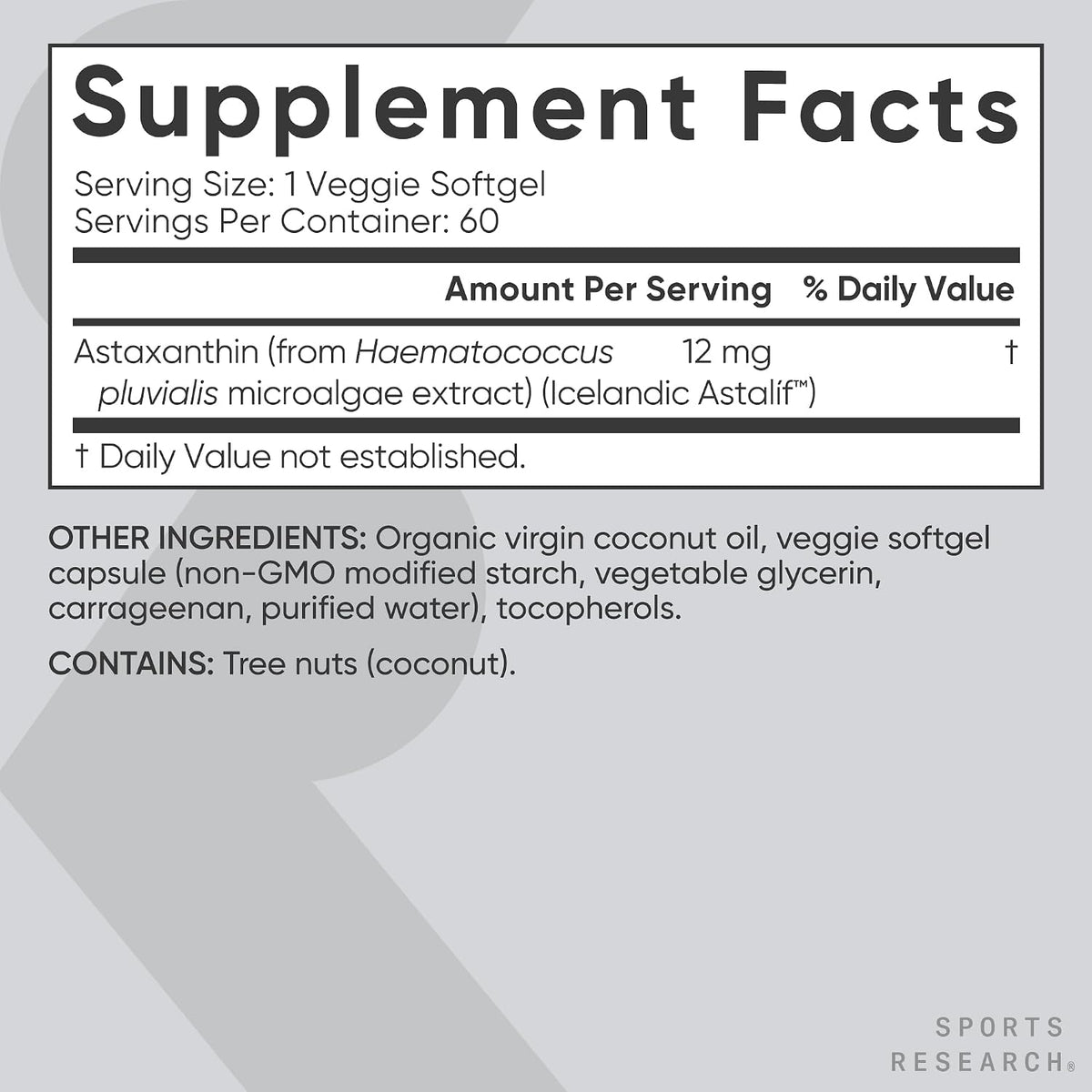 Sports Research® Vegan Astaxanthin 12mg w/Organic Coconut Oil, 60 Count