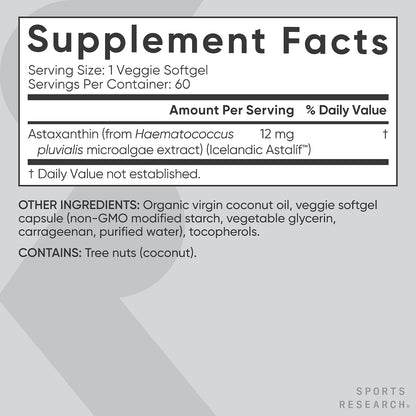 Sports Research® Vegan Astaxanthin 12mg w/Organic Coconut Oil, 60 Count