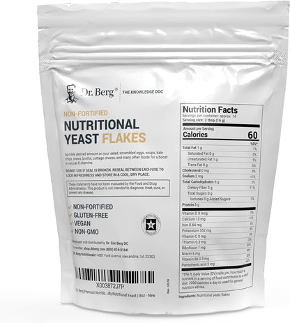 Dr. Berg Premium Nutritional Yeast Flakes - Delicious Non-Fortified Nutritional Yeast with Naturally Occurring B Vitamins - 8oz