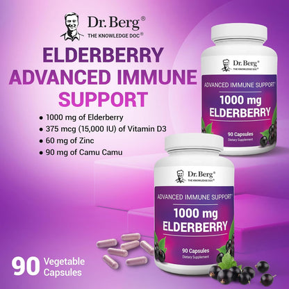 Dr. Berg Black Elderberry Capsules (Advanced Immune Support*) with 15,000 IU Vitamin D, 60 mg of Zinc, & 90 mg of Camu Camu - (4-in-1) Sambucus Elderberry Immune Support Supplement - 90 Capsules