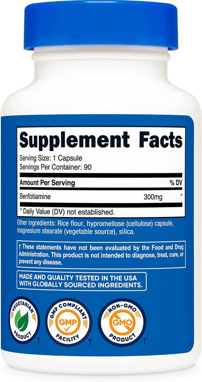Nutricost Benfotiamine 300mg, 90 Capsules, Fat Soluble Vitamin B1, GMO-Free | Gluten Free, Vegetarian Friendly