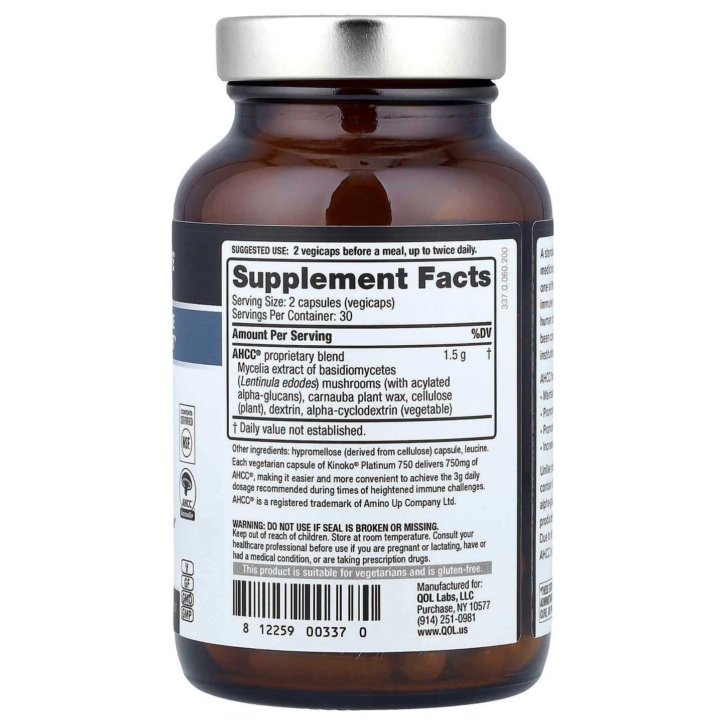 Quality of Life, Kinoko® Platinum AHCC®, 750 mg, 60 Vegicaps
