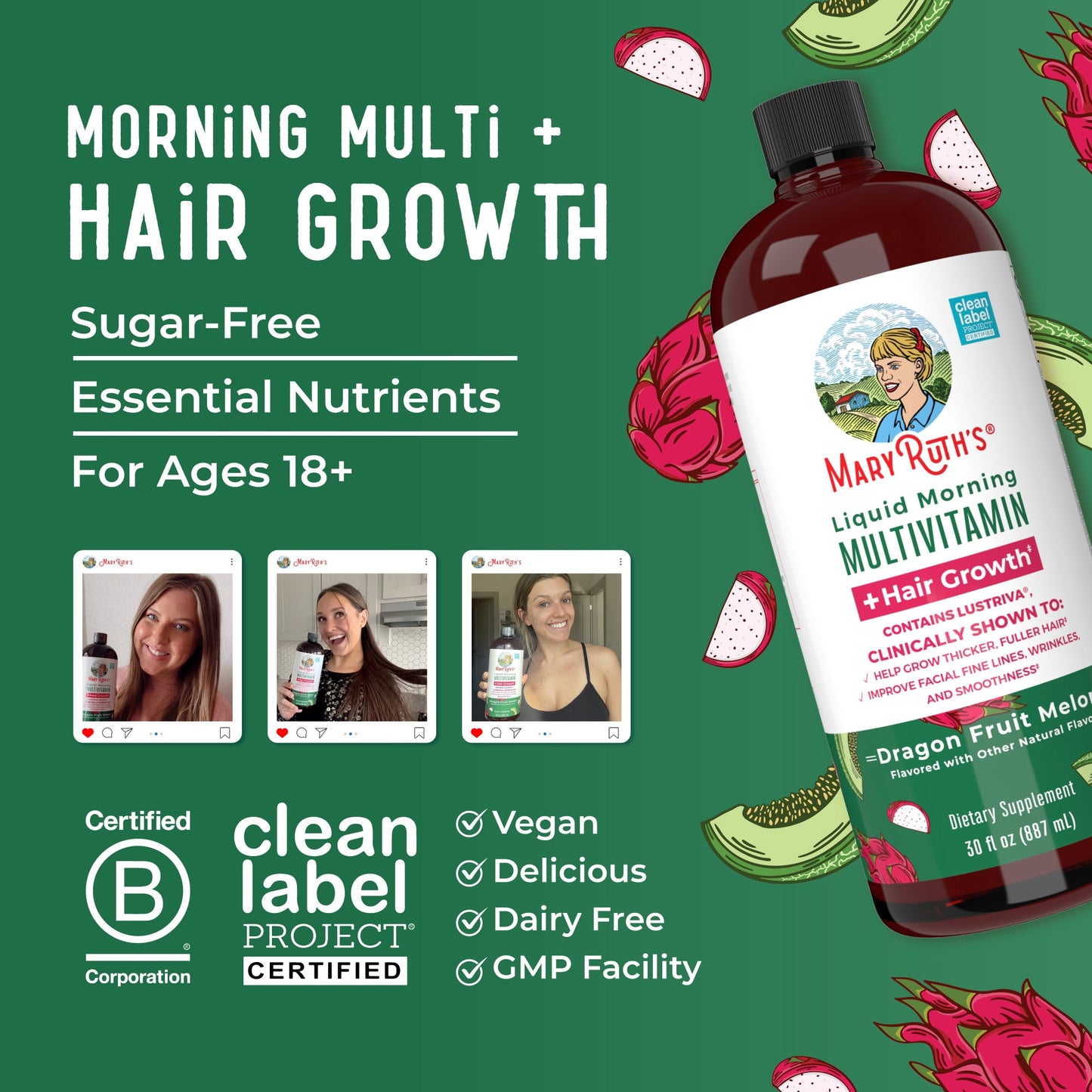 Liquid Morning Multivitamin + Hair Growth (Dragon Fruit Melon)_887ml