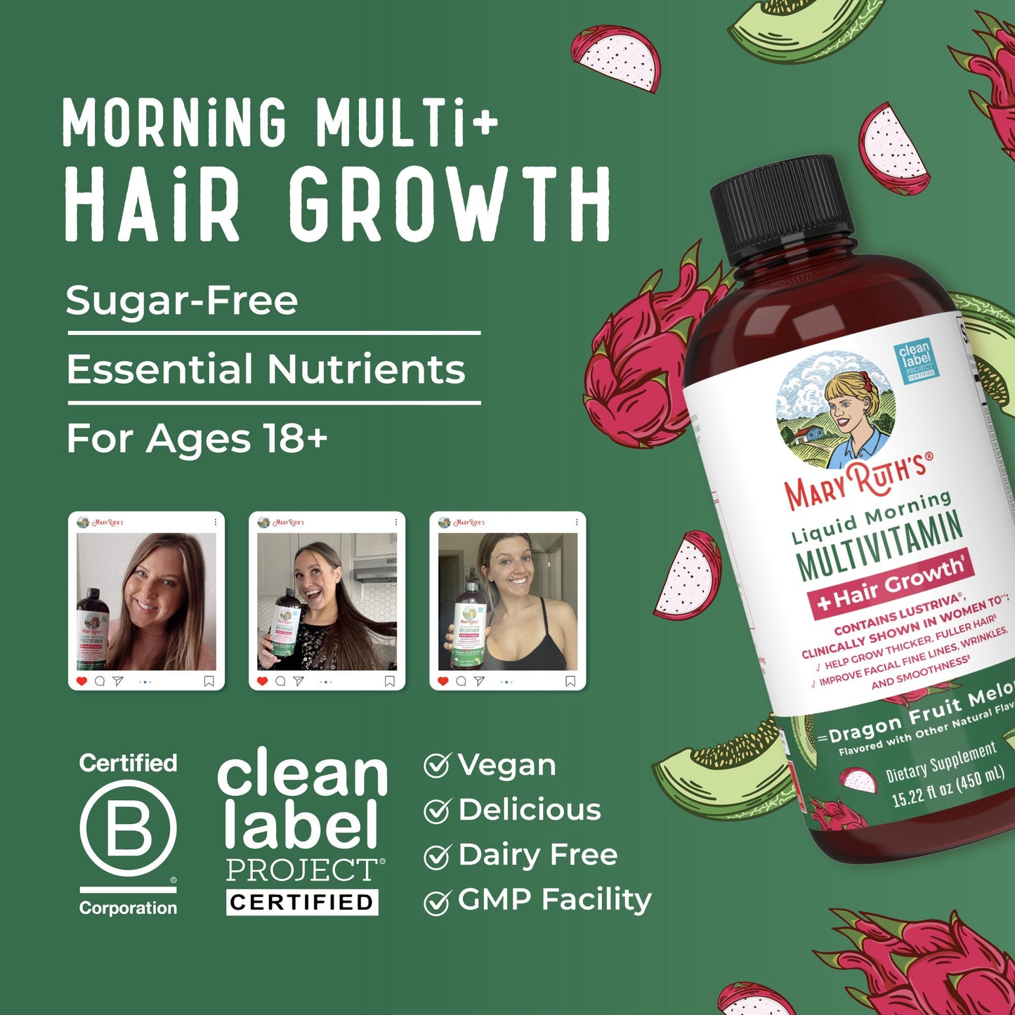 Liquid Morning Multivitamin + Hair Growth (Dragon Fruit Melon) 15.22oz