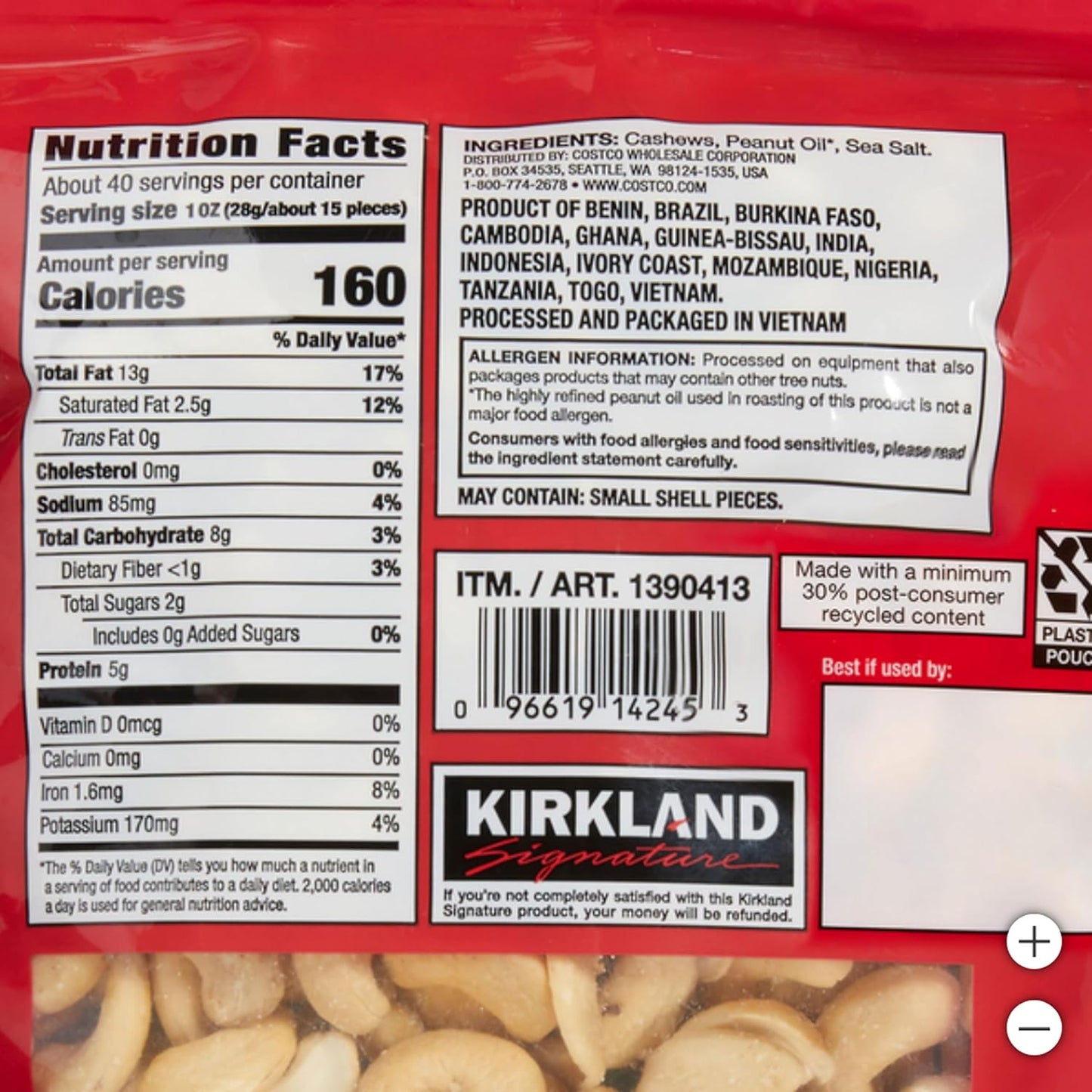 Kirkland Signature (roasted whole) cashews 1.13kg