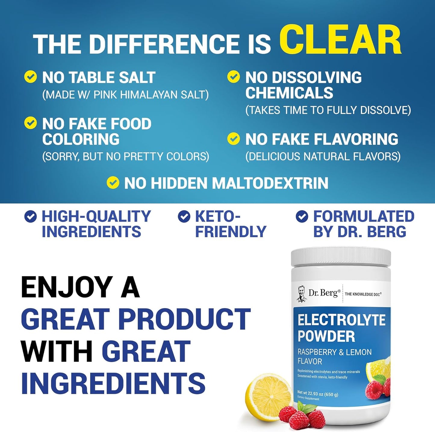 Dr. Berg Zero Sugar Hydration Keto Electrolyte Powder - Enhanced w/ 1000 mg of Potassium & Real Pink Himalayan Salt (NOT Table Salt) - Lemonade Flavor Hydration Drink Mix Supplement - 100 Servings