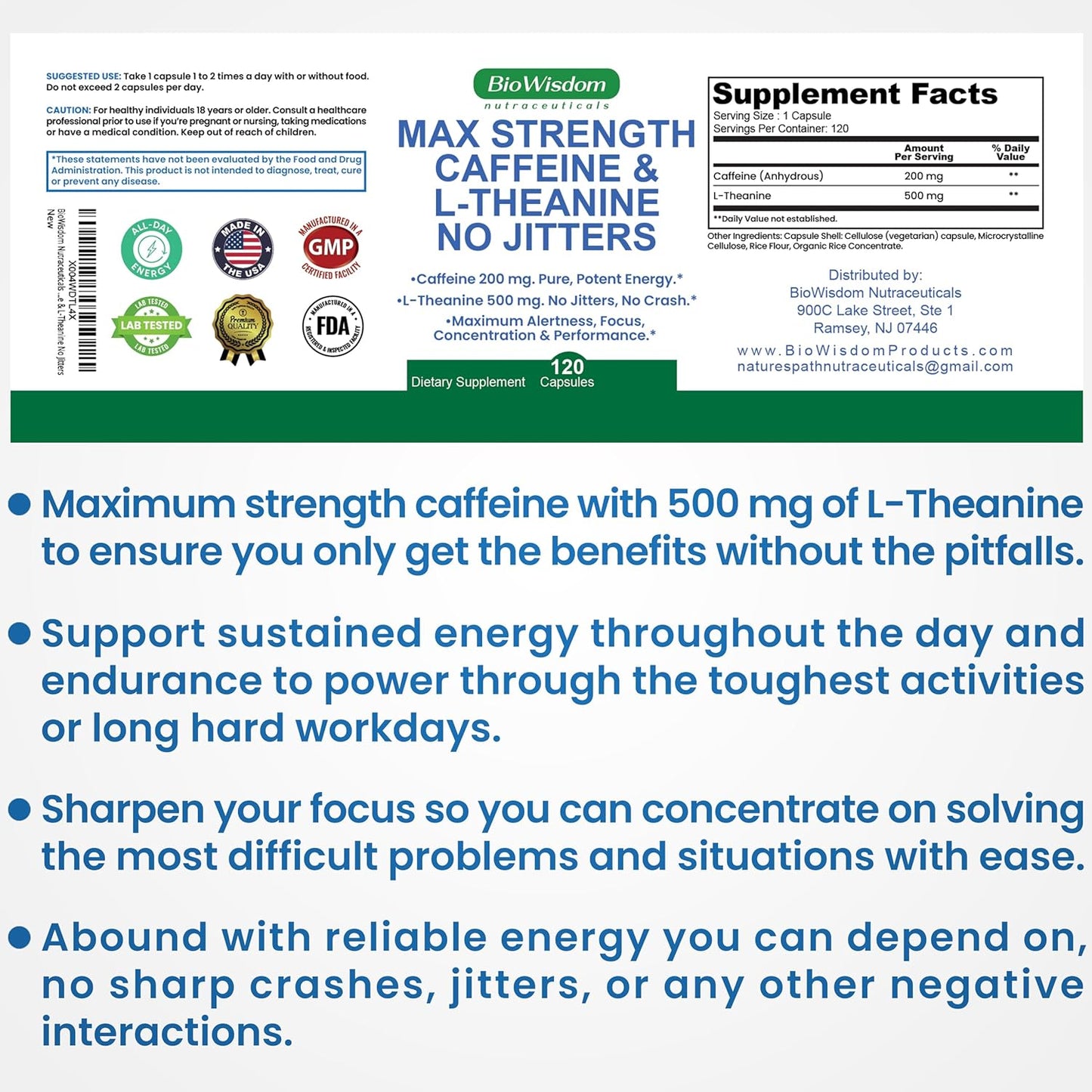 Max Strength Caffeine L Theanine Pills (200mg/500mg) - No Jitters Peak Energy, Focus, Performance, Alertness - Caffeine Pills & L-Theanine Capsules, No Crash & Drowsiness, Potent Supplement.