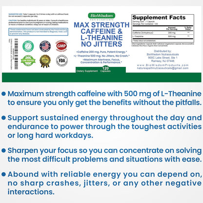 Max Strength Caffeine L Theanine Pills (200mg/500mg) - No Jitters Peak Energy, Focus, Performance, Alertness - Caffeine Pills & L-Theanine Capsules, No Crash & Drowsiness, Potent Supplement.
