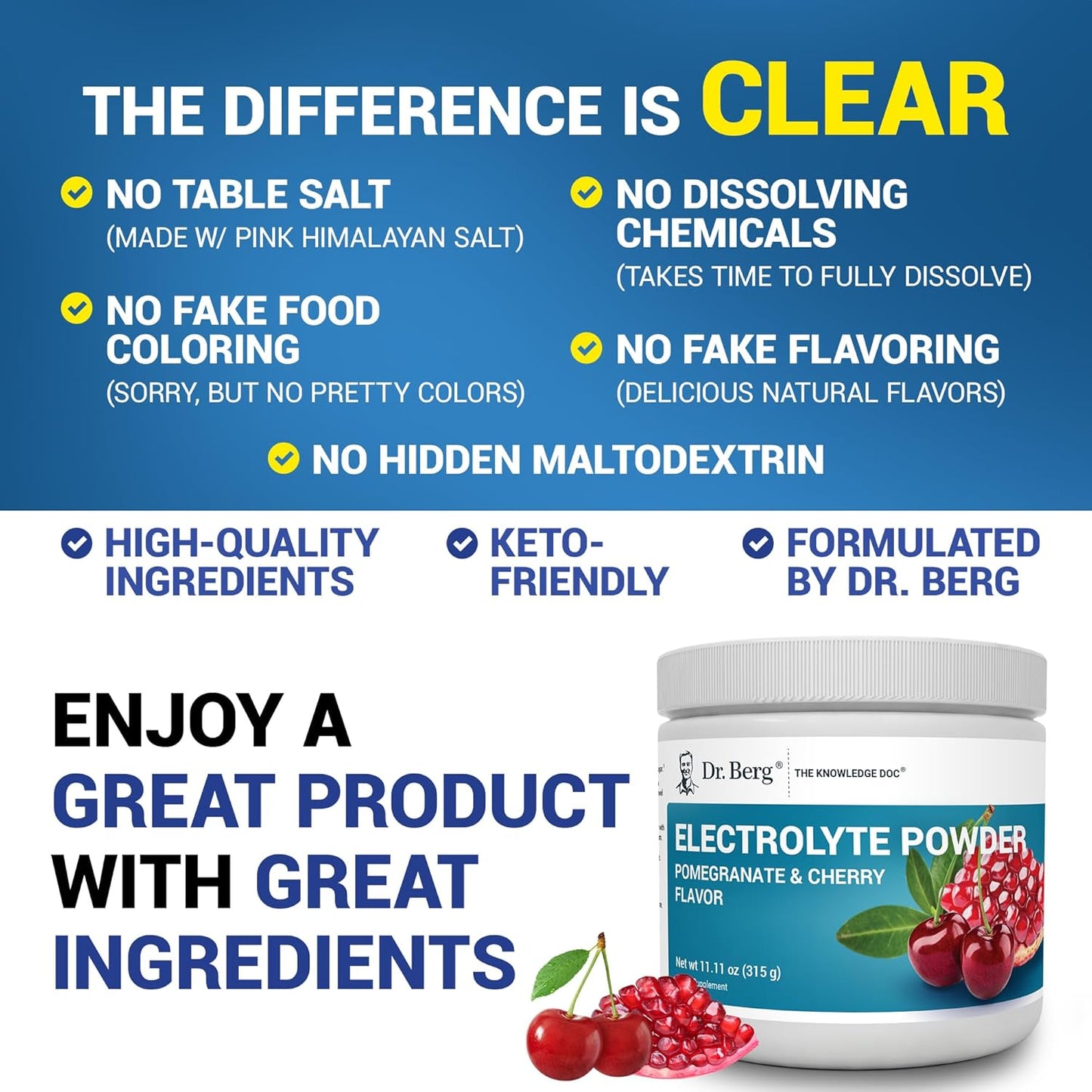 Dr. Berg Zero Sugar Hydration Keto Electrolyte Powder - Enhanced w/ 1000 mg of Potassium & Real Pink Himalayan Salt (NOT Table Salt) - Lemonade Flavor Hydration Drink Mix Supplement - 100 Servings