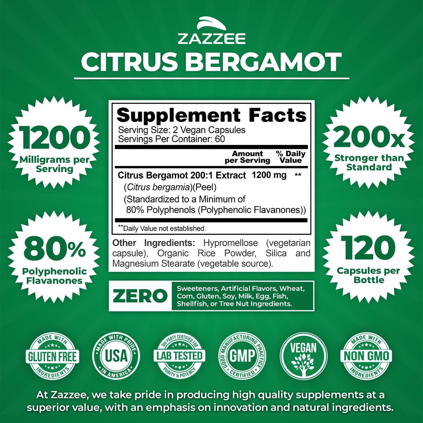 Zazzee Extra Strength Citrus Bergamot 200:1 Extract 1200 mg, 120 Capsules