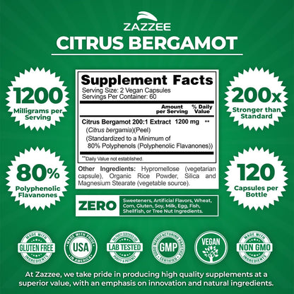 Zazzee Extra Strength Citrus Bergamot 200:1 Extract 1200 mg, 120 Capsules