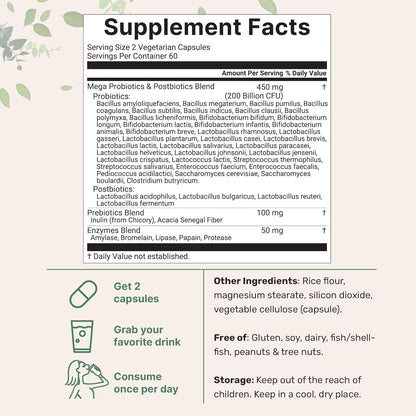 Micro Ingredients Mega Probiotics 200 Billion CFU, 120 Veggie Capsules | 40 Strains with Prebiotics & Probiotics Blend | Synbiotic & Enzyme Complex | Supports Gut & Digestive Health