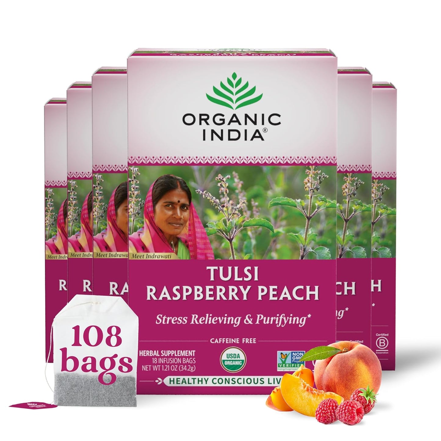 ORGANIC INDIA Tulsi Moringa Tea Bags - Holy Basil, Lemongrass, Moringa Leaves, Stress Relieving & Nourishing, Immune Support Tea, Vegan, Certified Organic, Caffeine-Free - 18 Infusion Bags, 6 Pack