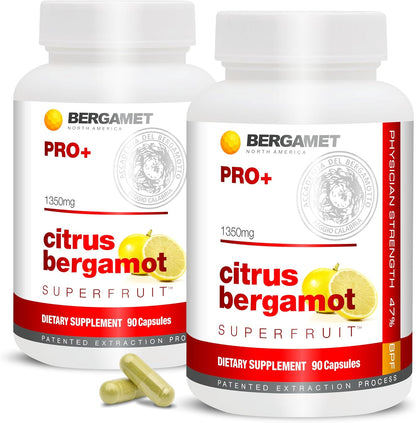 BergaMet Citrus Bergamot SuperFruit PRO+ Supplement, 200:1 Extract, 1350mg, 80% Polyphenols, Olive Leaf Extract, 47% BPF, World's Strongest, 90 Capsules, 1 Month, Made in the USA