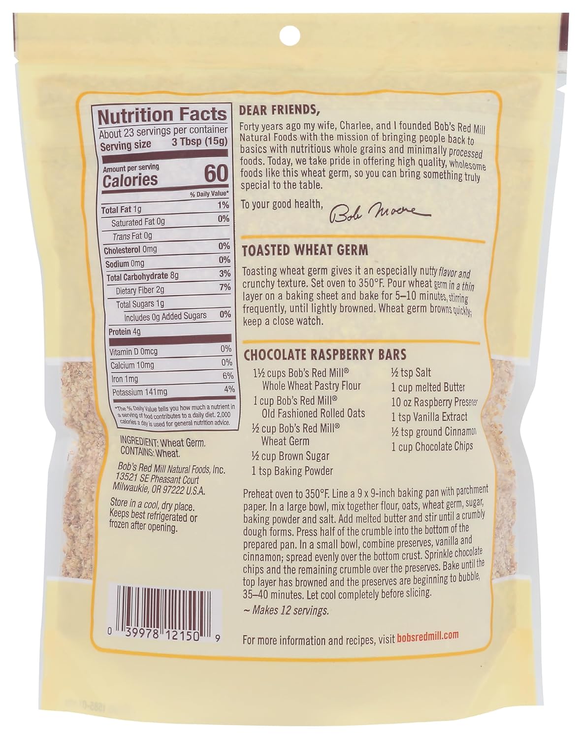 Bob's Red Mill Wheat Germ, 12oz (Pack of 1) - Non GMO, Vegan, Kosher