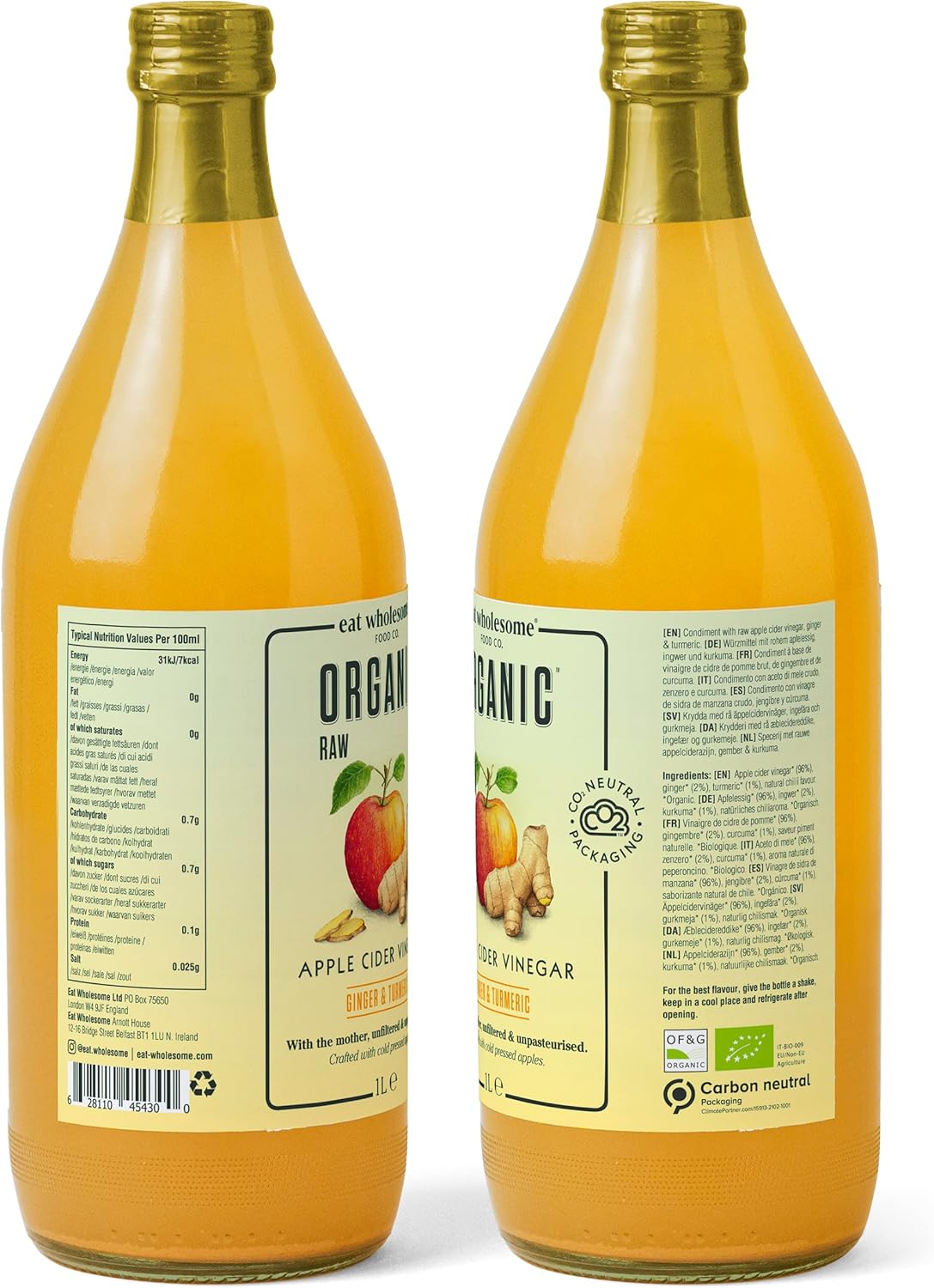 Eat Wholesome Organic Ginger, Turmeric and Chilli Raw Apple Fire Cider Vinegar with The Mother, Glass Bottle in Box, 1L