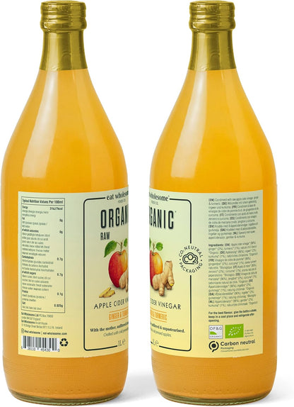 Eat Wholesome Organic Ginger, Turmeric and Chilli Raw Apple Fire Cider Vinegar with The Mother, Glass Bottle in Box, 1L