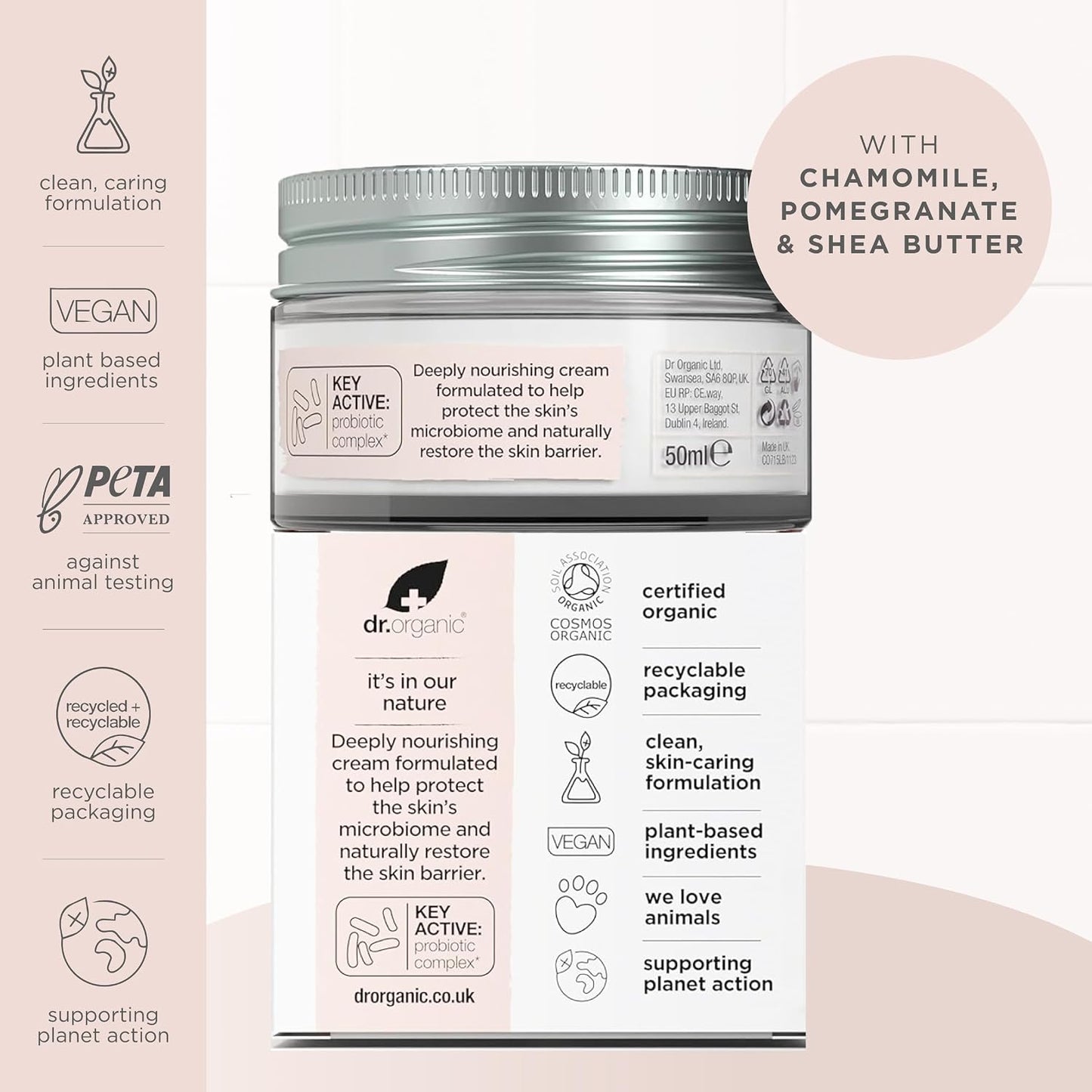 Dr Organic Skin Calm Probiotic Concentrated Cream, For Redness, Dry Skin, Sensitive and Irritable, Dermatologically Tested, Vegan, Cruelty Free, Paraben & SLS Free, 50 ml