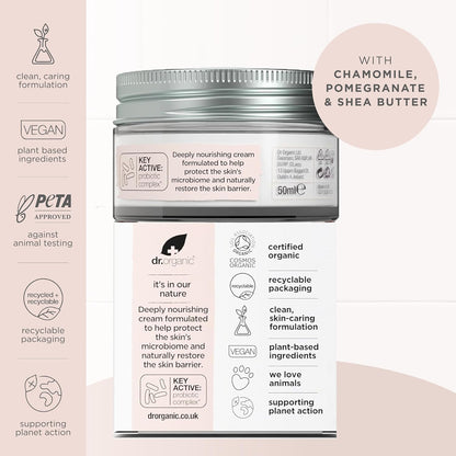 Dr Organic Skin Calm Probiotic Concentrated Cream, For Redness, Dry Skin, Sensitive and Irritable, Dermatologically Tested, Vegan, Cruelty Free, Paraben & SLS Free, 50 ml