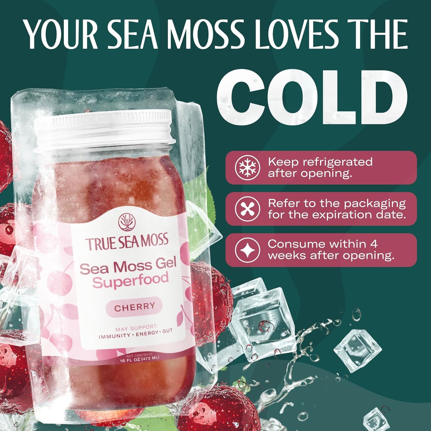 TrueSeaMoss Sea Moss Gel – Made in USA – Wildcrafted Seamoss, Fresh Fruits & Sea Vegetables – Cherry, Pack of 1 (Labels May Vary)